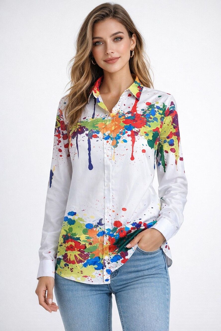 DingCeFuShi XL Abstract Paint Splash Blouse Button Front Art Print Top